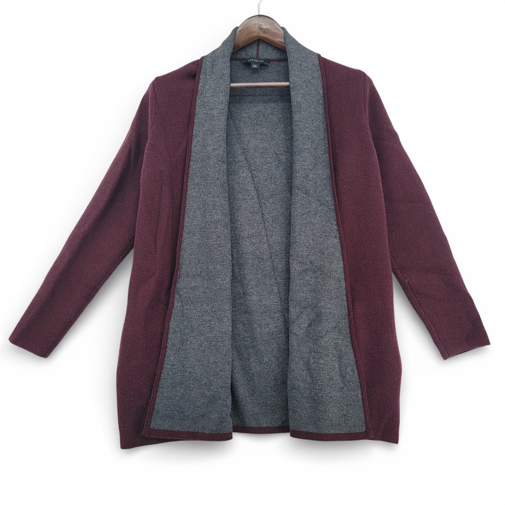 Ann Taylor Womens S Cardigan‎ Wool Blend Burgundy Gray Open Front